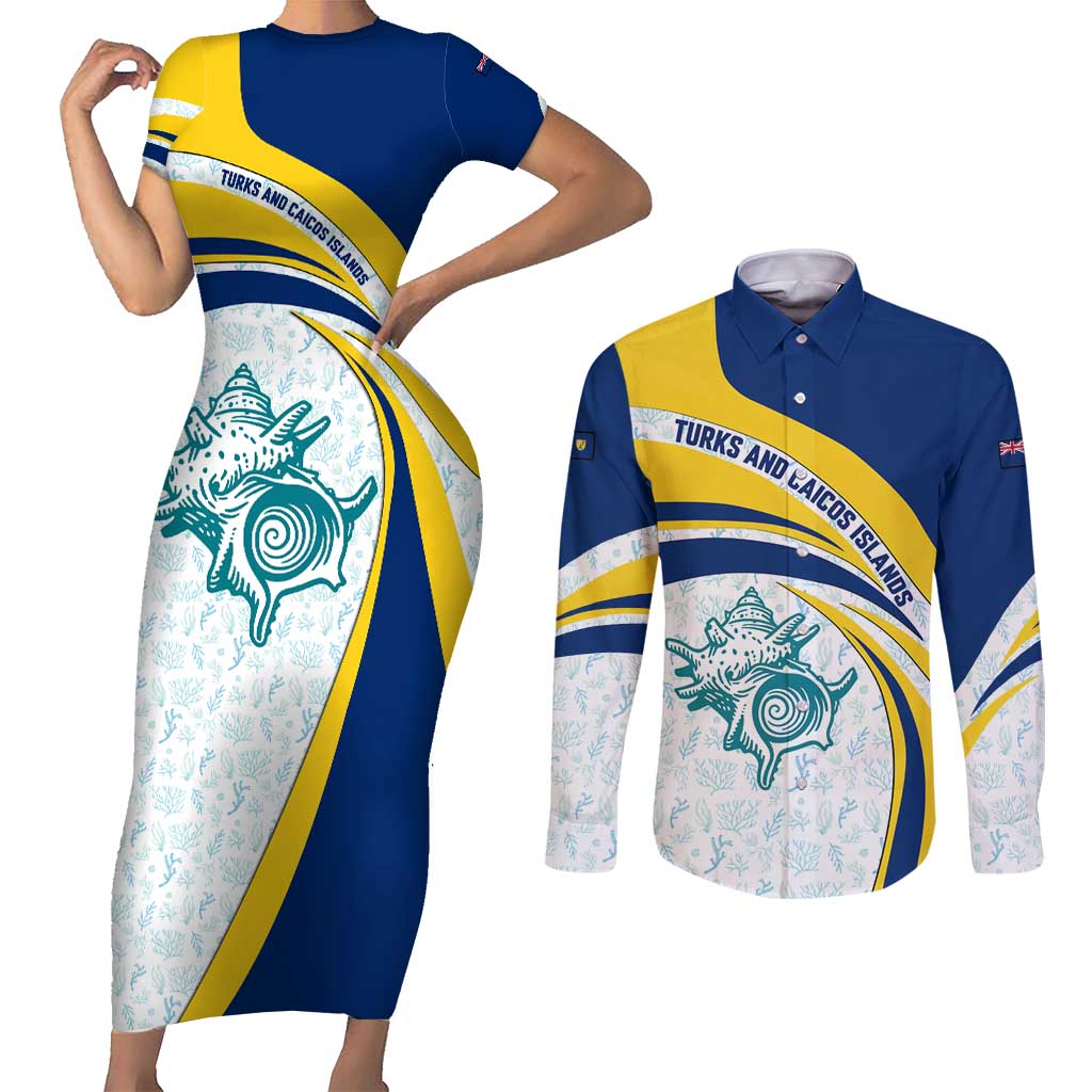 Turks and Caicos Islands Couples Matching Short Sleeve Bodycon Dress and Long Sleeve Button Shirt with Sea Shell Graphic and Yellow Blue Wave Design - Wonder Print Shop