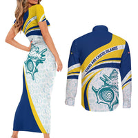Turks and Caicos Islands Couples Matching Short Sleeve Bodycon Dress and Long Sleeve Button Shirt with Sea Shell Graphic and Yellow Blue Wave Design - Wonder Print Shop