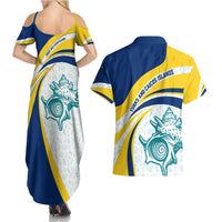 Turks and Caicos Islands Couples Matching Summer Maxi Dress and Hawaiian Shirt with Sea Shell Graphic and Yellow Blue Wave Design - Wonder Print Shop
