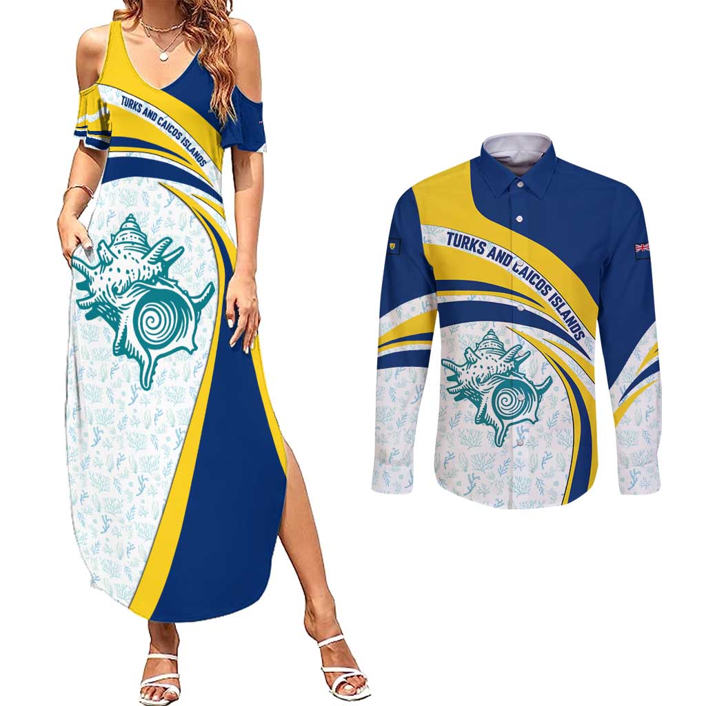 Turks and Caicos Islands Couples Matching Summer Maxi Dress and Long Sleeve Button Shirt with Sea Shell Graphic and Yellow Blue Wave Design - Wonder Print Shop