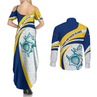 Turks and Caicos Islands Couples Matching Summer Maxi Dress and Long Sleeve Button Shirt with Sea Shell Graphic and Yellow Blue Wave Design - Wonder Print Shop