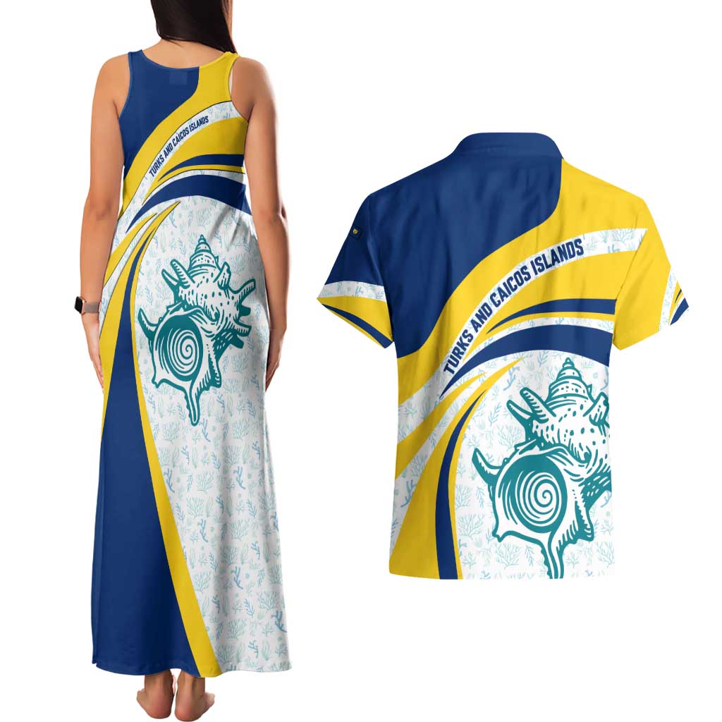 Turks and Caicos Islands Couples Matching Tank Maxi Dress and Hawaiian Shirt with Sea Shell Graphic and Yellow Blue Wave Design - Wonder Print Shop