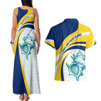 Turks and Caicos Islands Couples Matching Tank Maxi Dress and Hawaiian Shirt with Sea Shell Graphic and Yellow Blue Wave Design - Wonder Print Shop