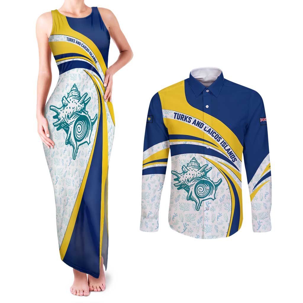Turks and Caicos Islands Couples Matching Tank Maxi Dress and Long Sleeve Button Shirt with Sea Shell Graphic and Yellow Blue Wave Design - Wonder Print Shop