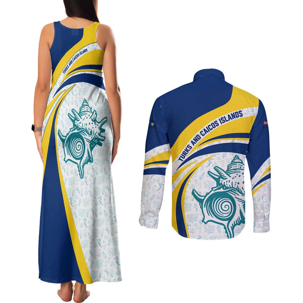 Turks and Caicos Islands Couples Matching Tank Maxi Dress and Long Sleeve Button Shirt with Sea Shell Graphic and Yellow Blue Wave Design - Wonder Print Shop