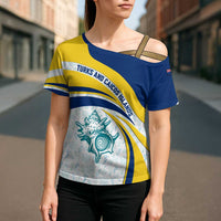 Turks and Caicos Islands Cross Shoulder Shirt with Sea Shell Graphic and Yellow Blue Wave Design - Wonder Print Shop