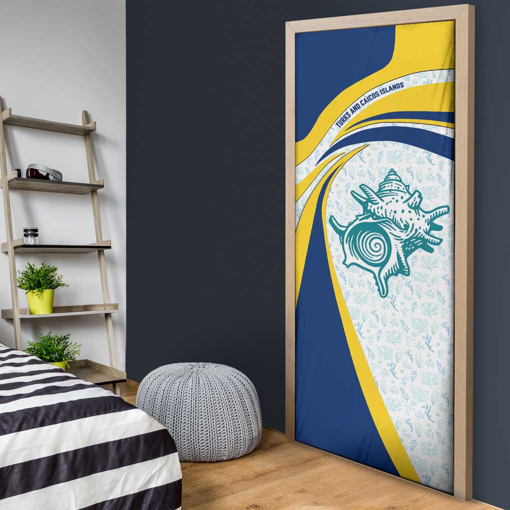 Turks and Caicos Islands Door Cover with Sea Shell Graphic and Yellow Blue Wave Design - Wonder Print Shop