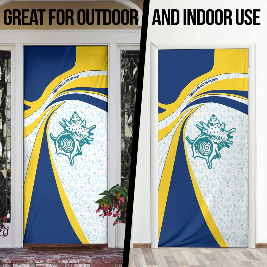 Turks and Caicos Islands Door Cover with Sea Shell Graphic and Yellow Blue Wave Design - Wonder Print Shop