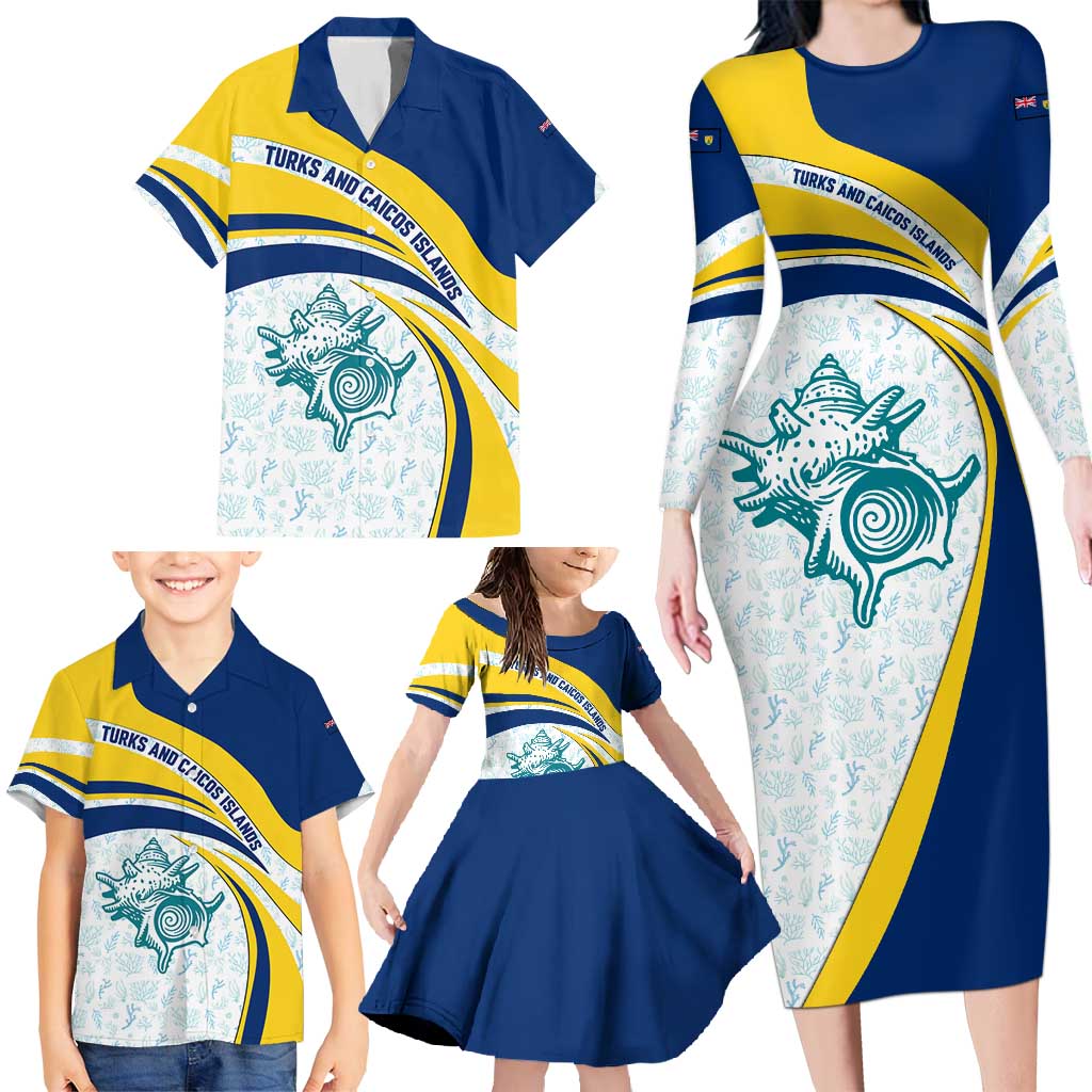 Turks and Caicos Islands Family Matching Long Sleeve Bodycon Dress and Hawaiian Shirt with Sea Shell Graphic and Yellow Blue Wave Design - Wonder Print Shop