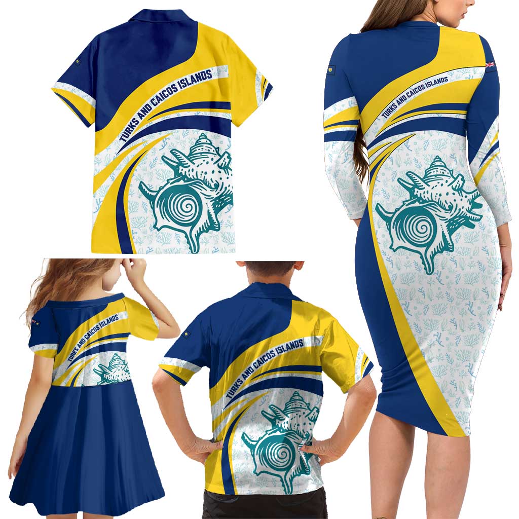 Turks and Caicos Islands Family Matching Long Sleeve Bodycon Dress and Hawaiian Shirt with Sea Shell Graphic and Yellow Blue Wave Design - Wonder Print Shop