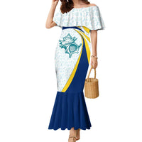 Turks and Caicos Islands Family Matching Mermaid Dress and Hawaiian Shirt with Sea Shell Graphic and Yellow Blue Wave Design - Wonder Print Shop