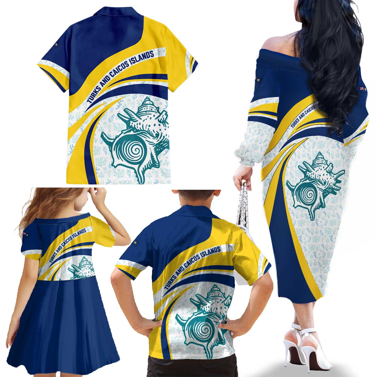 Turks and Caicos Islands Family Matching Off The Shoulder Long Sleeve Dress and Hawaiian Shirt with Sea Shell Graphic and Yellow Blue Wave Design - Wonder Print Shop