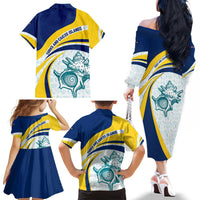 Turks and Caicos Islands Family Matching Off The Shoulder Long Sleeve Dress and Hawaiian Shirt with Sea Shell Graphic and Yellow Blue Wave Design - Wonder Print Shop