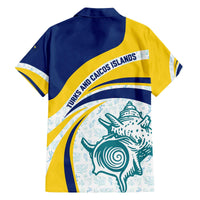 Turks and Caicos Islands Family Matching Off The Shoulder Long Sleeve Dress and Hawaiian Shirt with Sea Shell Graphic and Yellow Blue Wave Design - Wonder Print Shop