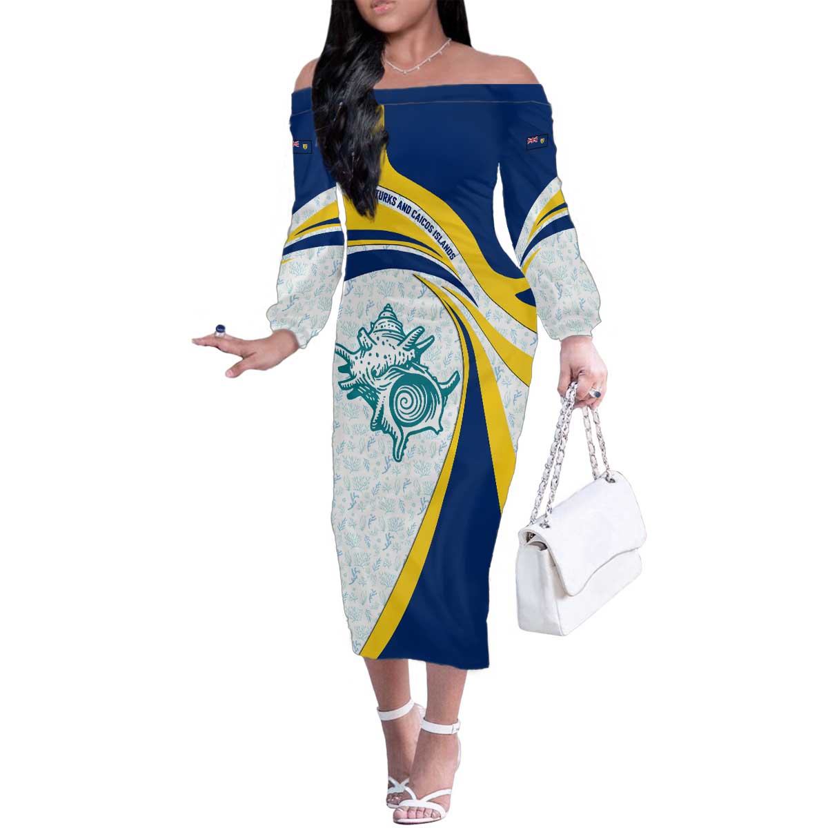 Turks and Caicos Islands Family Matching Off The Shoulder Long Sleeve Dress and Hawaiian Shirt with Sea Shell Graphic and Yellow Blue Wave Design - Wonder Print Shop