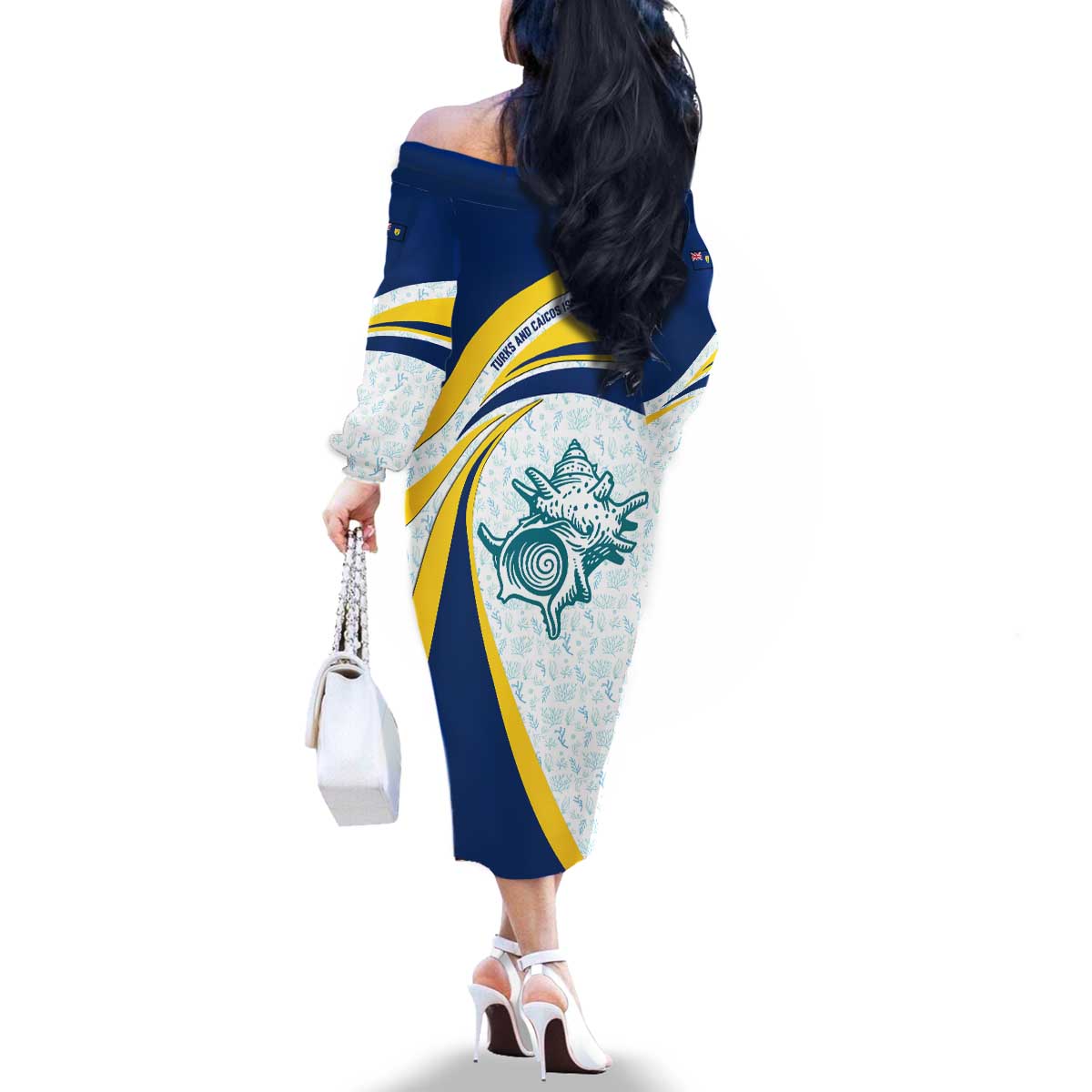 Turks and Caicos Islands Family Matching Off The Shoulder Long Sleeve Dress and Hawaiian Shirt with Sea Shell Graphic and Yellow Blue Wave Design - Wonder Print Shop