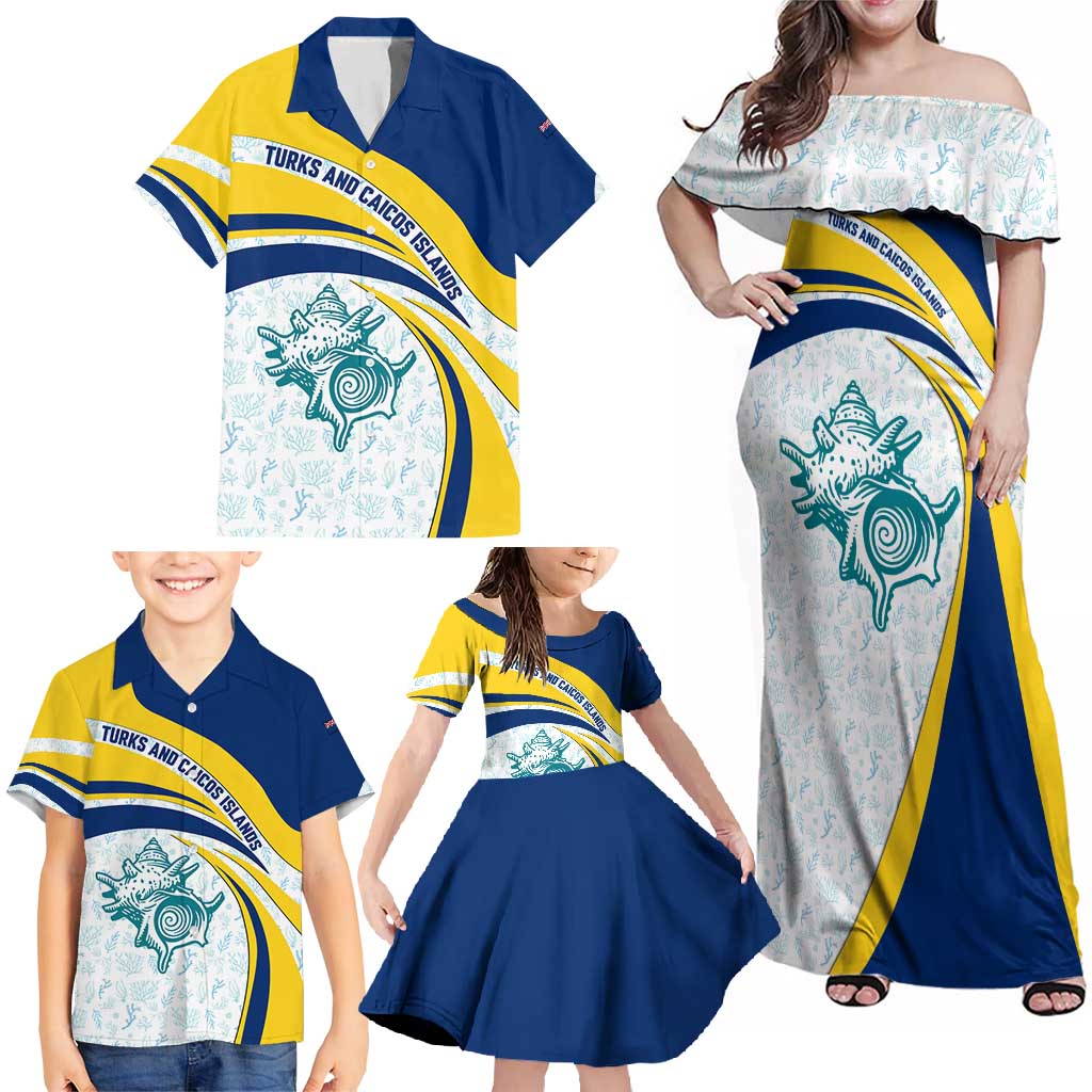 Turks and Caicos Islands Family Matching Off Shoulder Maxi Dress and Hawaiian Shirt with Sea Shell Graphic and Yellow Blue Wave Design - Wonder Print Shop