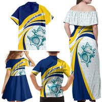 Turks and Caicos Islands Family Matching Off Shoulder Maxi Dress and Hawaiian Shirt with Sea Shell Graphic and Yellow Blue Wave Design - Wonder Print Shop