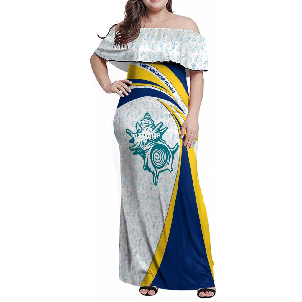 Turks and Caicos Islands Family Matching Off Shoulder Maxi Dress and Hawaiian Shirt with Sea Shell Graphic and Yellow Blue Wave Design - Wonder Print Shop