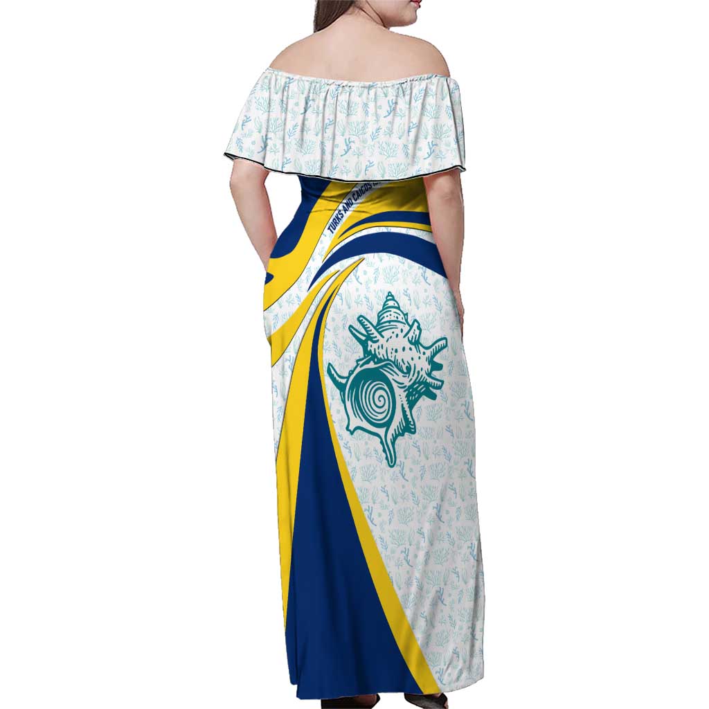 Turks and Caicos Islands Family Matching Off Shoulder Maxi Dress and Hawaiian Shirt with Sea Shell Graphic and Yellow Blue Wave Design - Wonder Print Shop