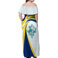 Turks and Caicos Islands Family Matching Off Shoulder Maxi Dress and Hawaiian Shirt with Sea Shell Graphic and Yellow Blue Wave Design - Wonder Print Shop