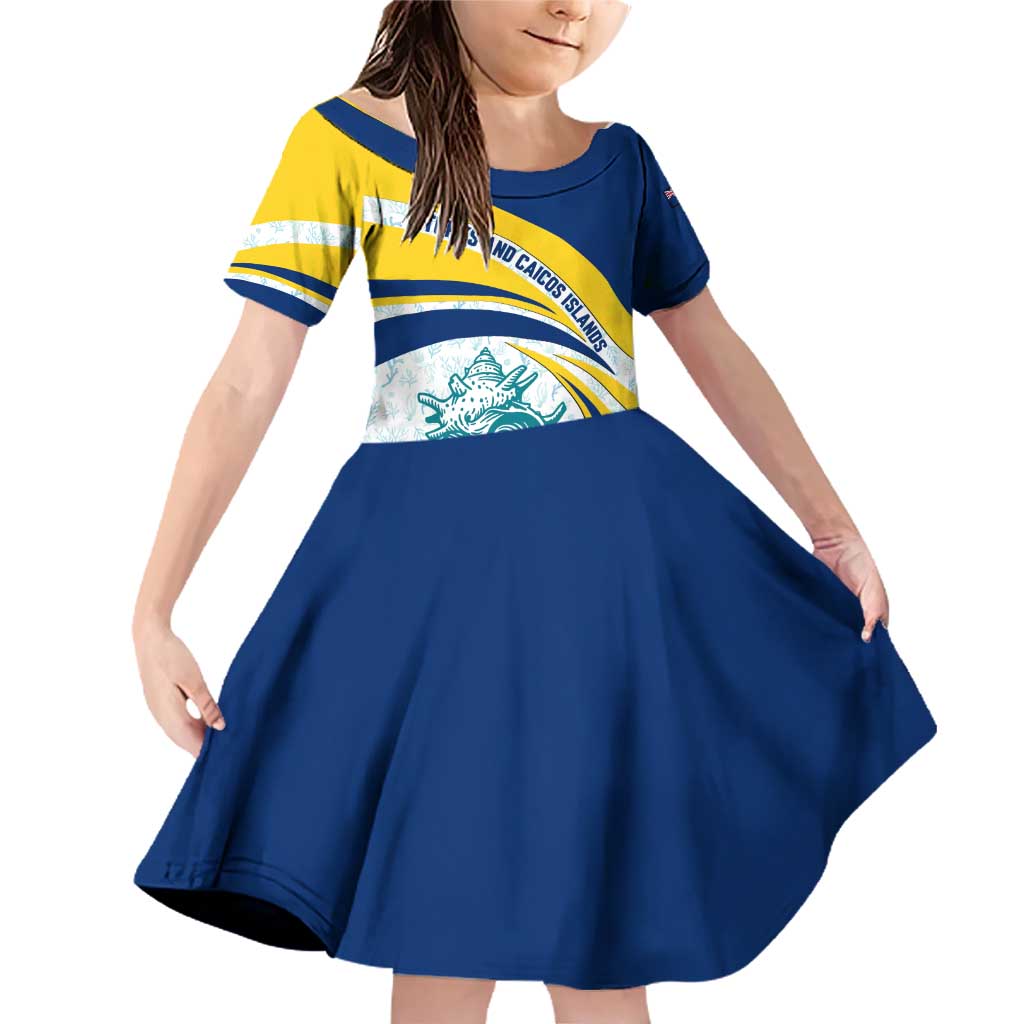 Turks and Caicos Islands Family Matching Off Shoulder Short Dress and Hawaiian Shirt with Sea Shell Graphic and Yellow Blue Wave Design - Wonder Print Shop