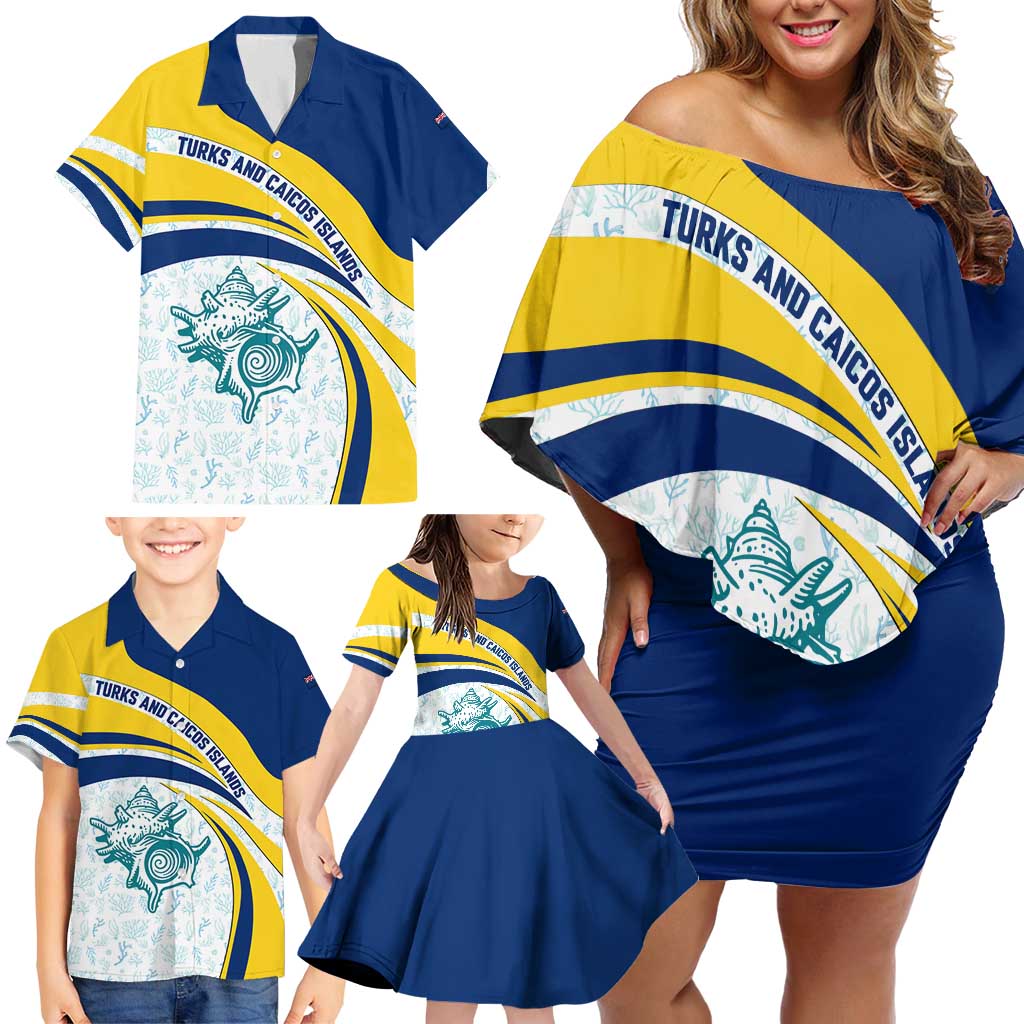 Turks and Caicos Islands Family Matching Off Shoulder Short Dress and Hawaiian Shirt with Sea Shell Graphic and Yellow Blue Wave Design - Wonder Print Shop