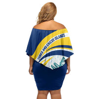 Turks and Caicos Islands Family Matching Off Shoulder Short Dress and Hawaiian Shirt with Sea Shell Graphic and Yellow Blue Wave Design - Wonder Print Shop