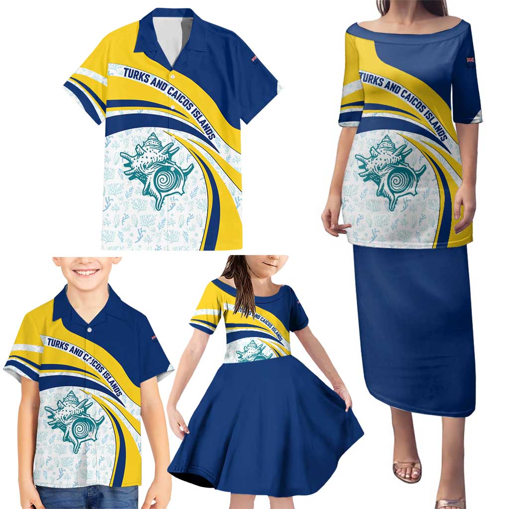 Turks and Caicos Islands Family Matching Puletasi and Hawaiian Shirt with Sea Shell Graphic and Yellow Blue Wave Design - Wonder Print Shop