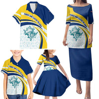 Turks and Caicos Islands Family Matching Puletasi and Hawaiian Shirt with Sea Shell Graphic and Yellow Blue Wave Design - Wonder Print Shop