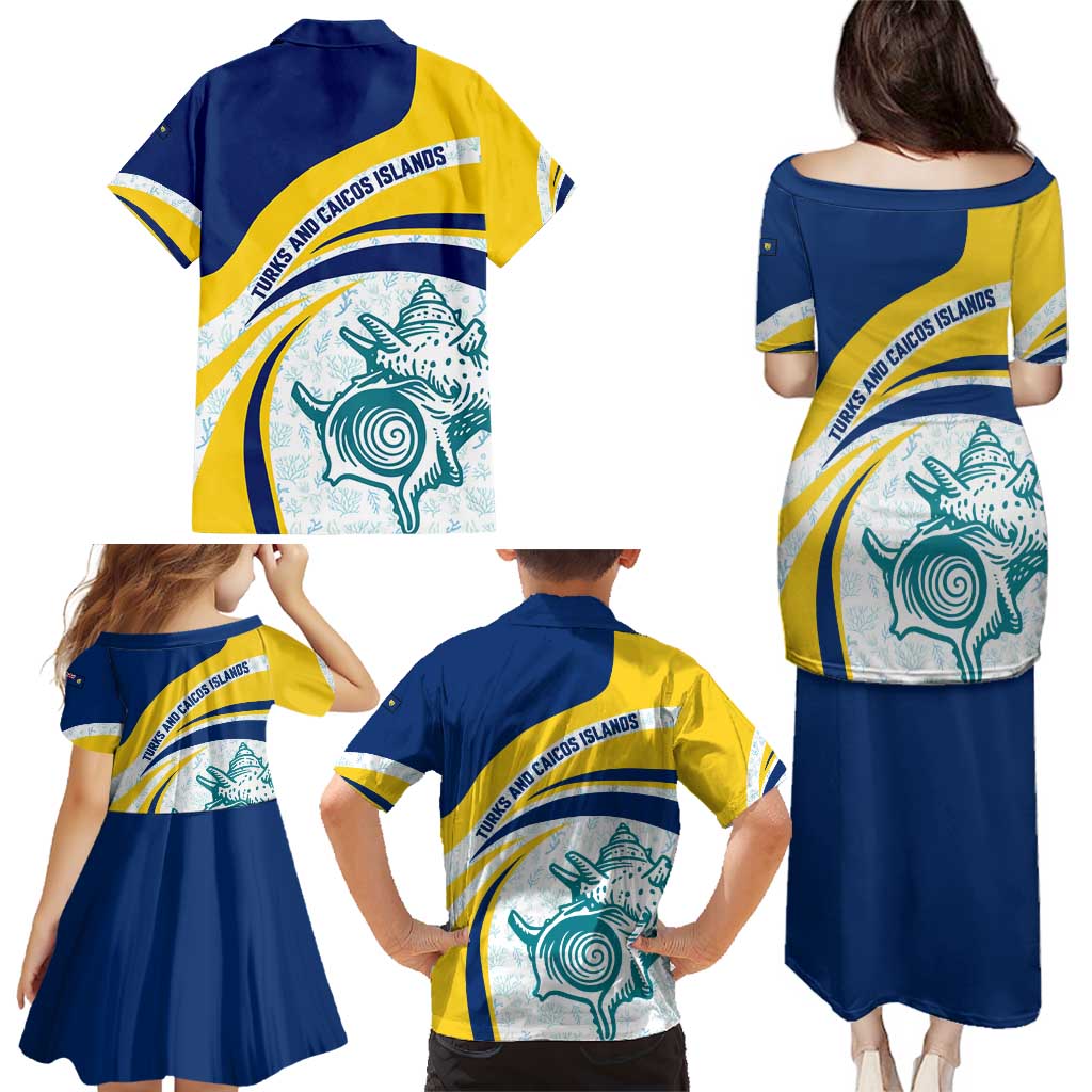 Turks and Caicos Islands Family Matching Puletasi and Hawaiian Shirt with Sea Shell Graphic and Yellow Blue Wave Design - Wonder Print Shop