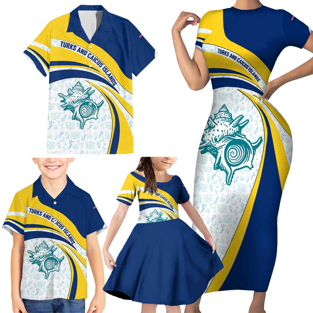 Turks and Caicos Islands Family Matching Short Sleeve Bodycon Dress and Hawaiian Shirt with Sea Shell Graphic and Yellow Blue Wave Design - Wonder Print Shop