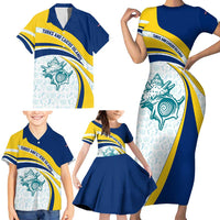 Turks and Caicos Islands Family Matching Short Sleeve Bodycon Dress and Hawaiian Shirt with Sea Shell Graphic and Yellow Blue Wave Design - Wonder Print Shop