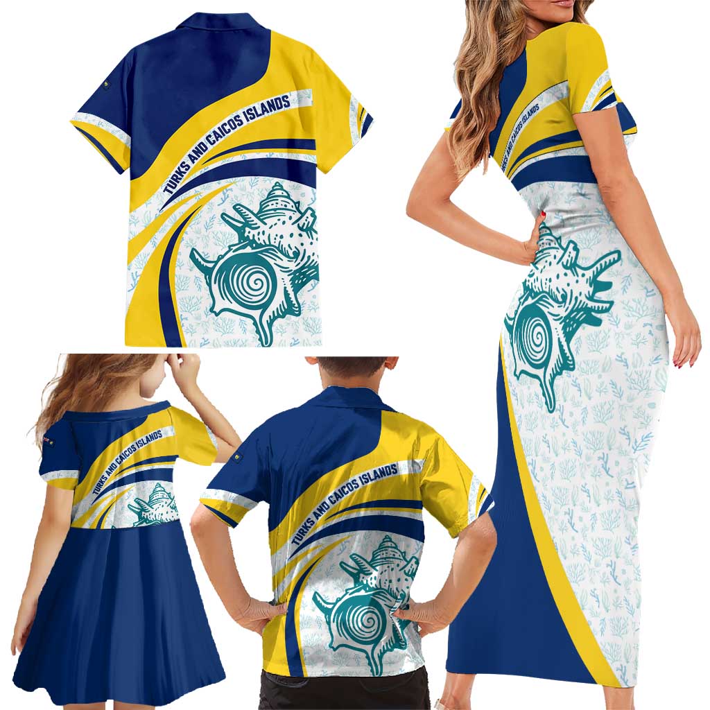 Turks and Caicos Islands Family Matching Short Sleeve Bodycon Dress and Hawaiian Shirt with Sea Shell Graphic and Yellow Blue Wave Design - Wonder Print Shop