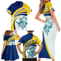 Turks and Caicos Islands Family Matching Short Sleeve Bodycon Dress and Hawaiian Shirt with Sea Shell Graphic and Yellow Blue Wave Design - Wonder Print Shop
