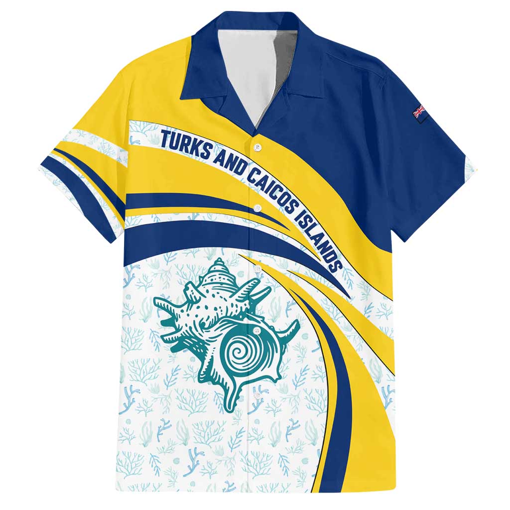 Turks and Caicos Islands Family Matching Short Sleeve Bodycon Dress and Hawaiian Shirt with Sea Shell Graphic and Yellow Blue Wave Design - Wonder Print Shop