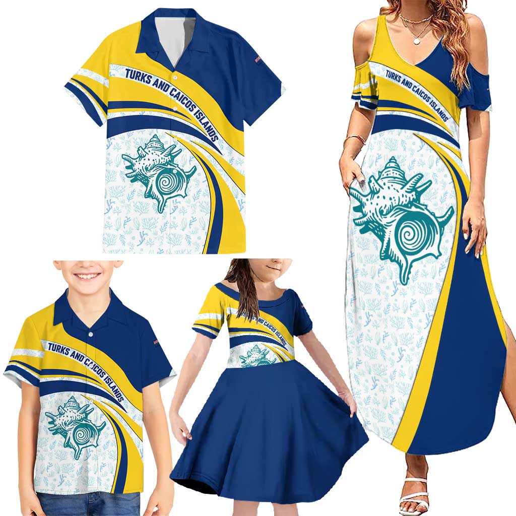 Turks and Caicos Islands Family Matching Summer Maxi Dress and Hawaiian Shirt with Sea Shell Graphic and Yellow Blue Wave Design - Wonder Print Shop