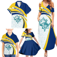 Turks and Caicos Islands Family Matching Summer Maxi Dress and Hawaiian Shirt with Sea Shell Graphic and Yellow Blue Wave Design - Wonder Print Shop