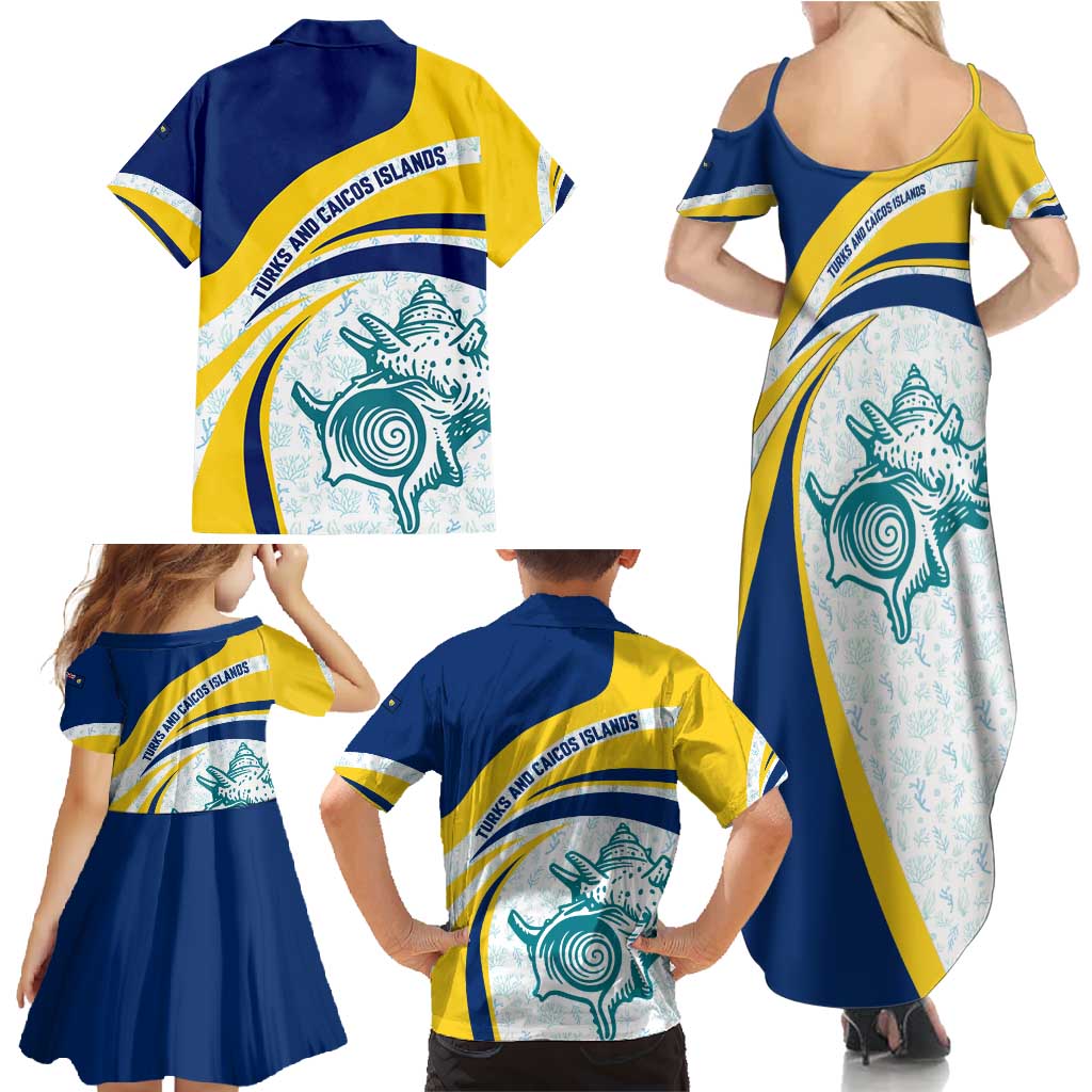 Turks and Caicos Islands Family Matching Summer Maxi Dress and Hawaiian Shirt with Sea Shell Graphic and Yellow Blue Wave Design - Wonder Print Shop