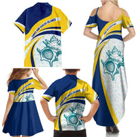 Turks and Caicos Islands Family Matching Summer Maxi Dress and Hawaiian Shirt with Sea Shell Graphic and Yellow Blue Wave Design - Wonder Print Shop