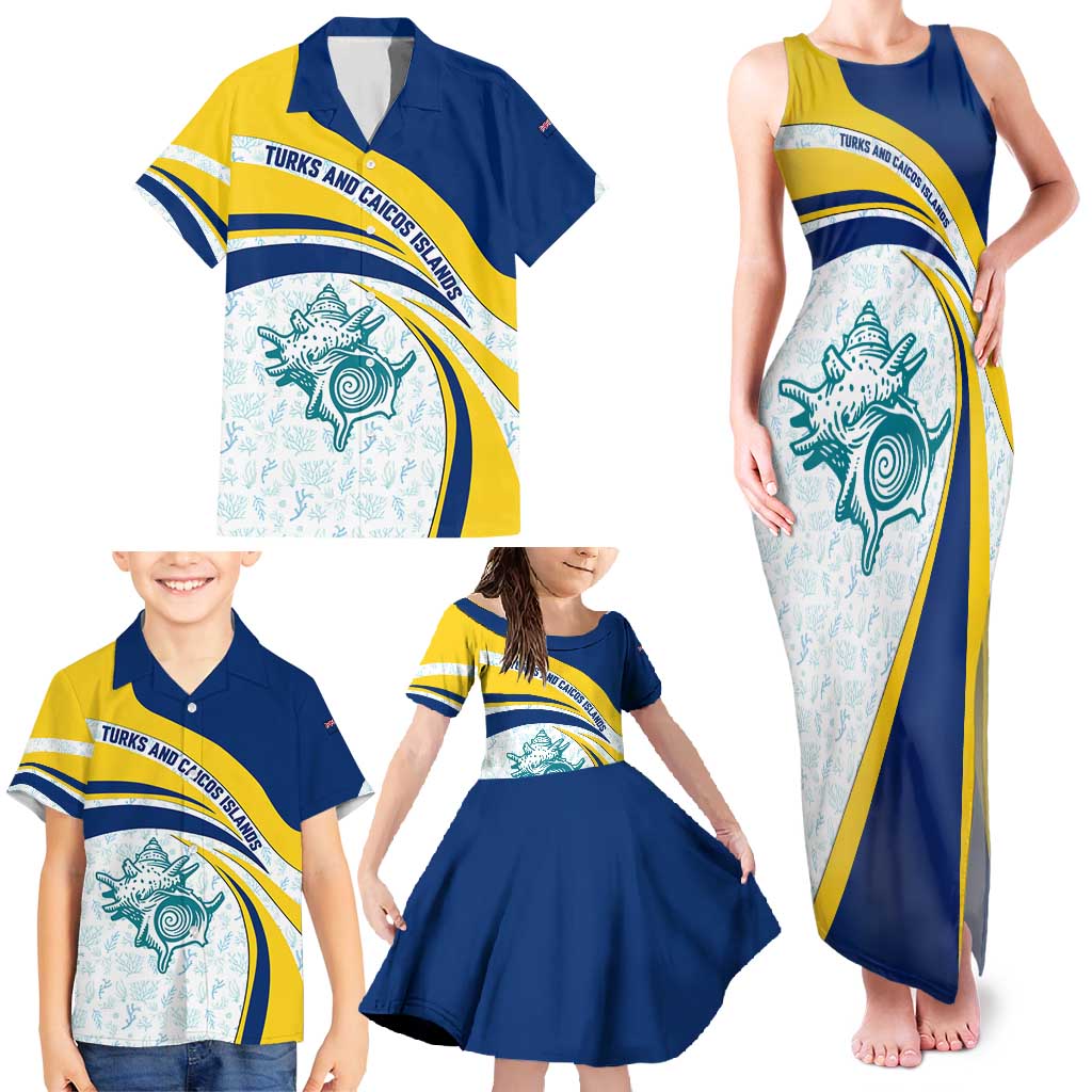 Turks and Caicos Islands Family Matching Tank Maxi Dress and Hawaiian Shirt with Sea Shell Graphic and Yellow Blue Wave Design - Wonder Print Shop