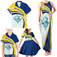Turks and Caicos Islands Family Matching Tank Maxi Dress and Hawaiian Shirt with Sea Shell Graphic and Yellow Blue Wave Design - Wonder Print Shop