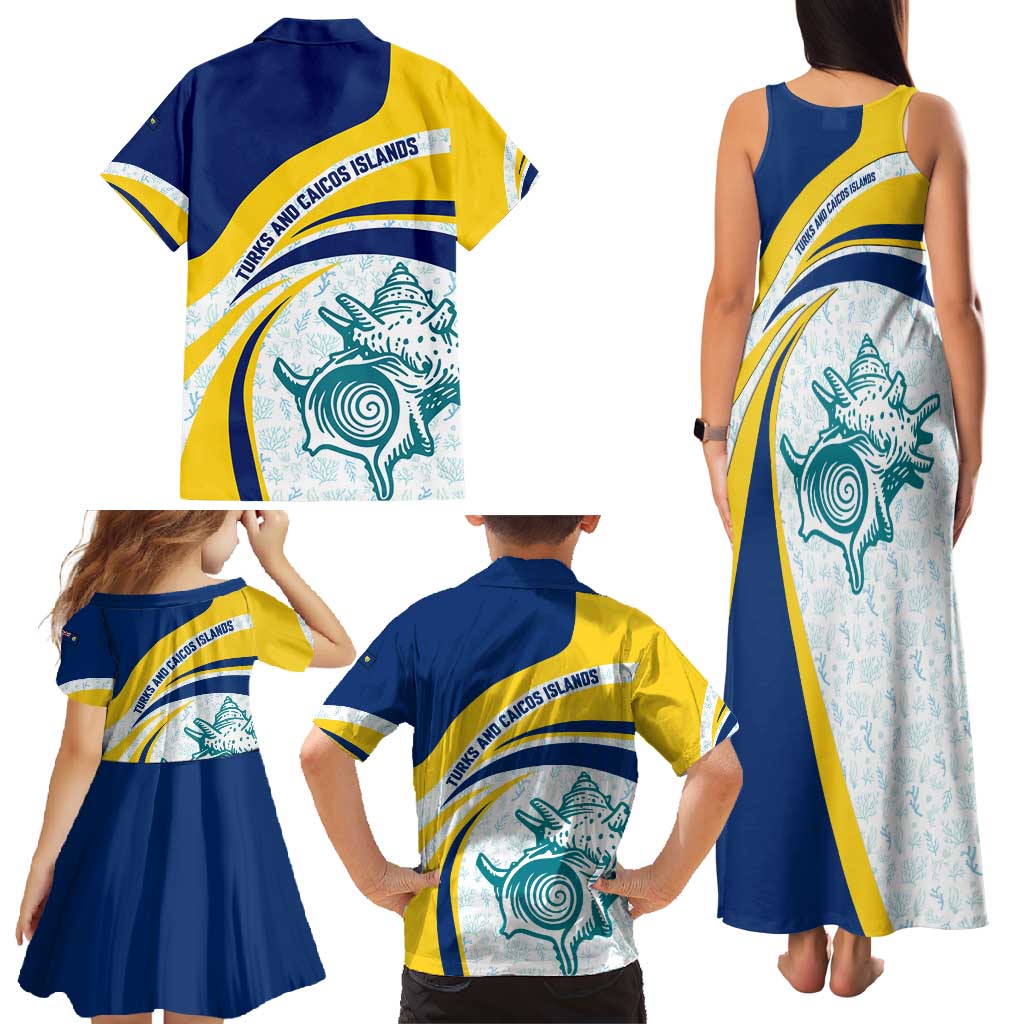 Turks and Caicos Islands Family Matching Tank Maxi Dress and Hawaiian Shirt with Sea Shell Graphic and Yellow Blue Wave Design - Wonder Print Shop