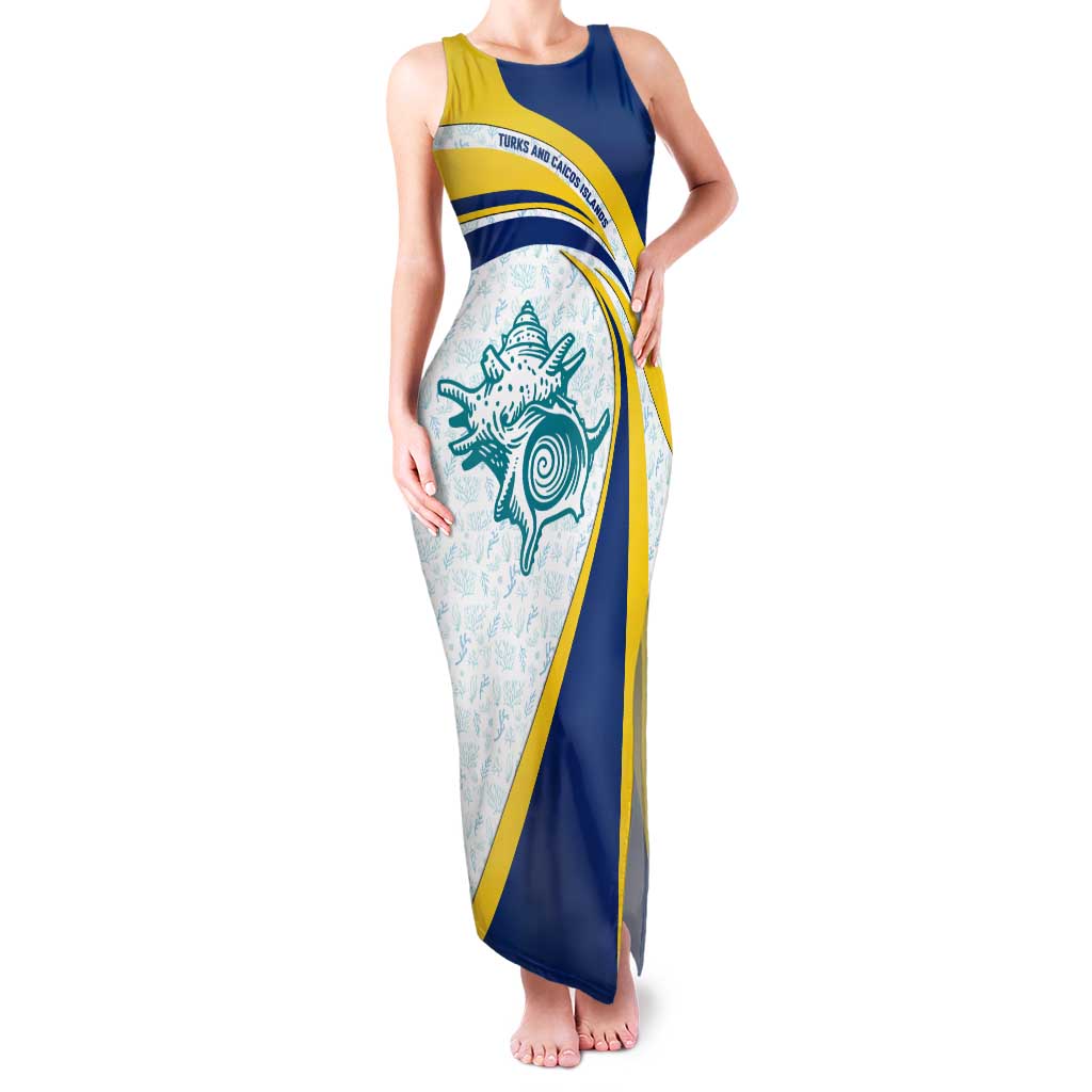 Turks and Caicos Islands Family Matching Tank Maxi Dress and Hawaiian Shirt with Sea Shell Graphic and Yellow Blue Wave Design - Wonder Print Shop