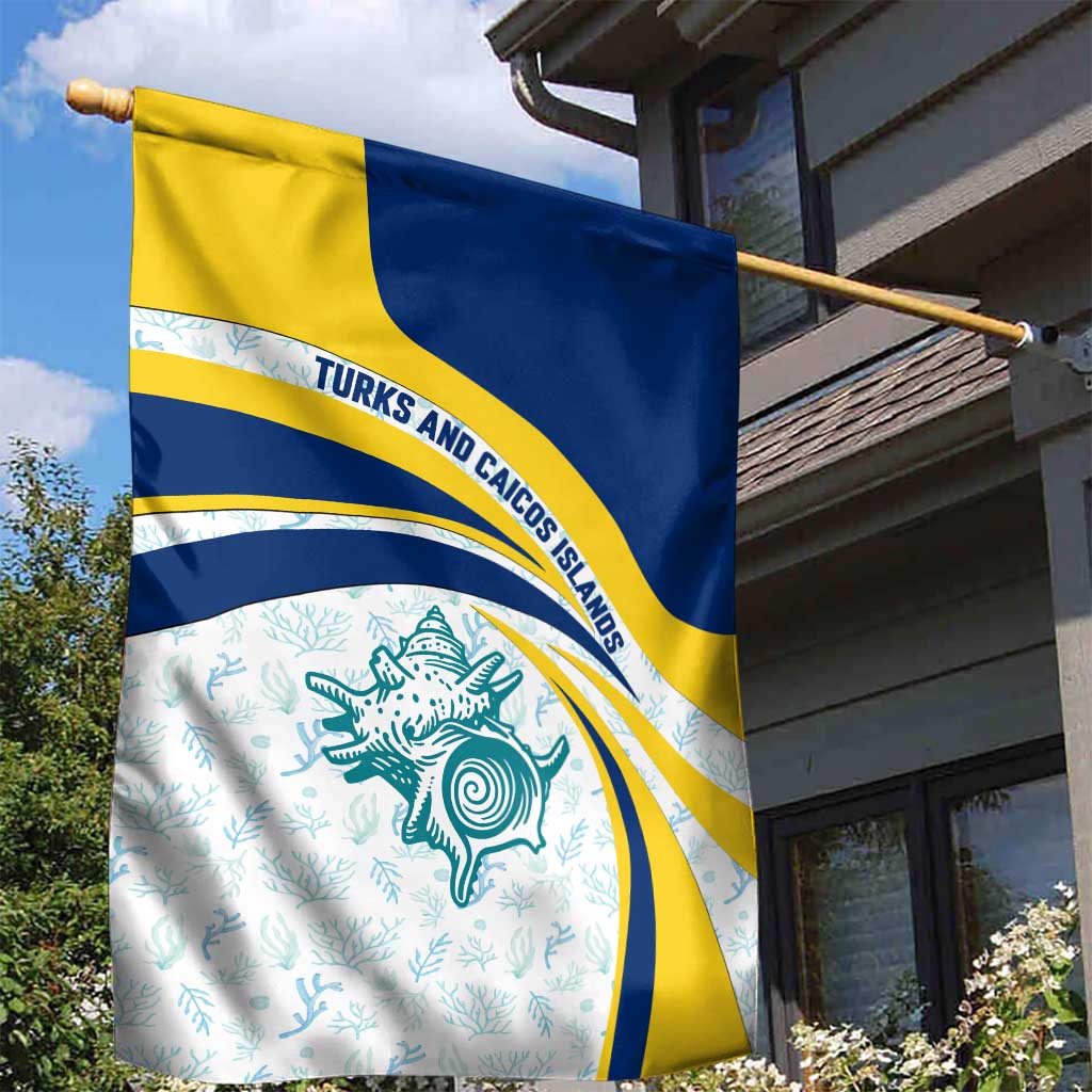 Turks and Caicos Islands Garden Flag with Sea Shell Graphic and Yellow Blue Wave Design - Wonder Print Shop