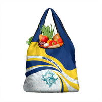 Turks and Caicos Islands Grocery Bag with Sea Shell Graphic and Yellow Blue Wave Design - Wonder Print Shop