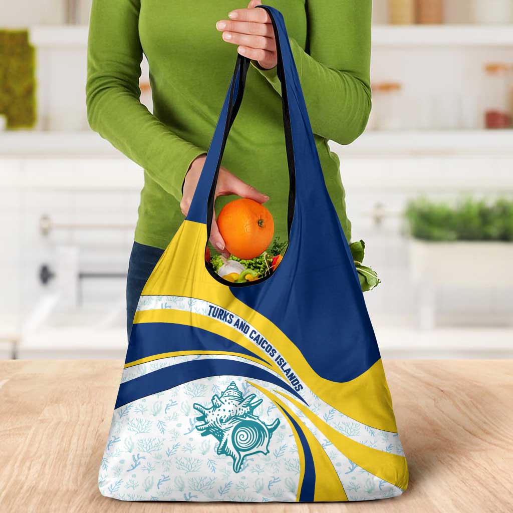 Turks and Caicos Islands Grocery Bag with Sea Shell Graphic and Yellow Blue Wave Design - Wonder Print Shop