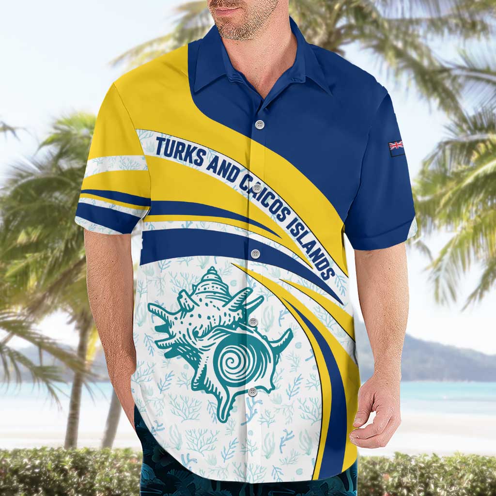 Turks and Caicos Islands Hawaiian Shirt with Sea Shell Graphic and Yellow Blue Wave Design - Wonder Print Shop