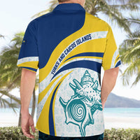 Turks and Caicos Islands Hawaiian Shirt with Sea Shell Graphic and Yellow Blue Wave Design - Wonder Print Shop