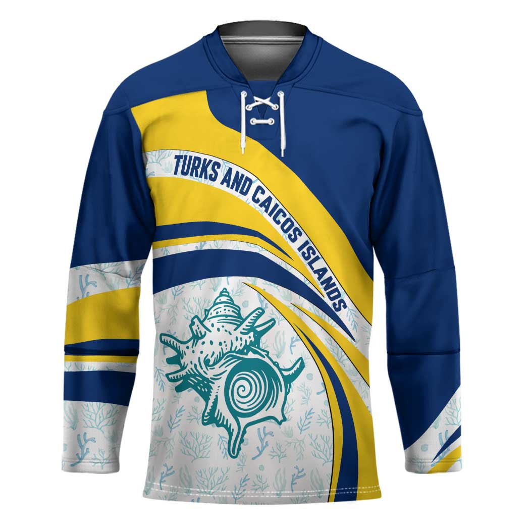 Turks and Caicos Islands Hockey Jersey with Sea Shell Graphic and Yellow Blue Wave Design - Wonder Print Shop